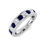 Anillo de media eternidad con diamantes y zafiros de canal, oro blanco de 18 k de 1,15 quilates