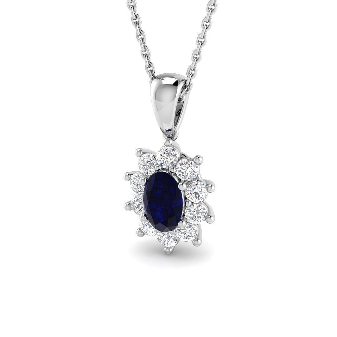 Blue Sapphire 0.45ct Oval with Diamond Cluster Pendant Necklace in 9k White Gold - All Diamond
