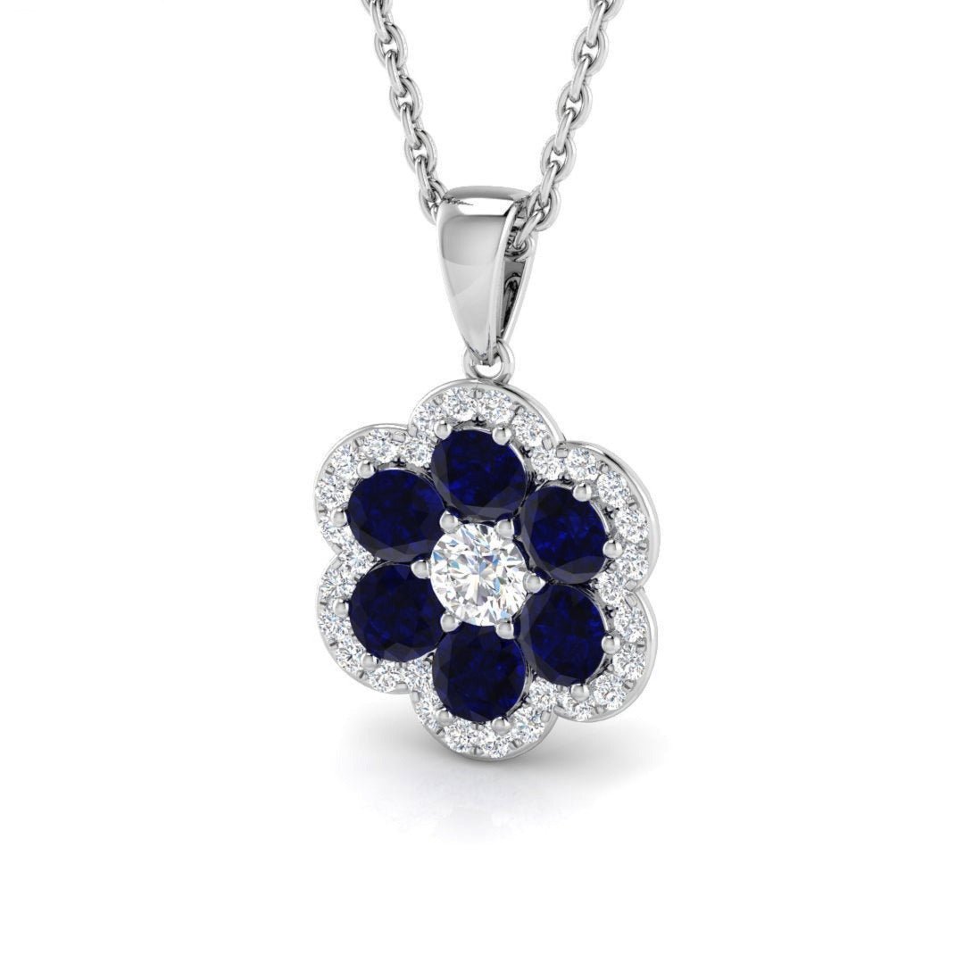 Blue Sapphire 0.70ct and Diamond Flower Pendant Necklace 9k White Gold - All Diamond