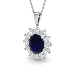 Blue Sapphire 2.40ct Oval with Diamond Cluster Pendant Necklace in 18k White Gold - All Diamond