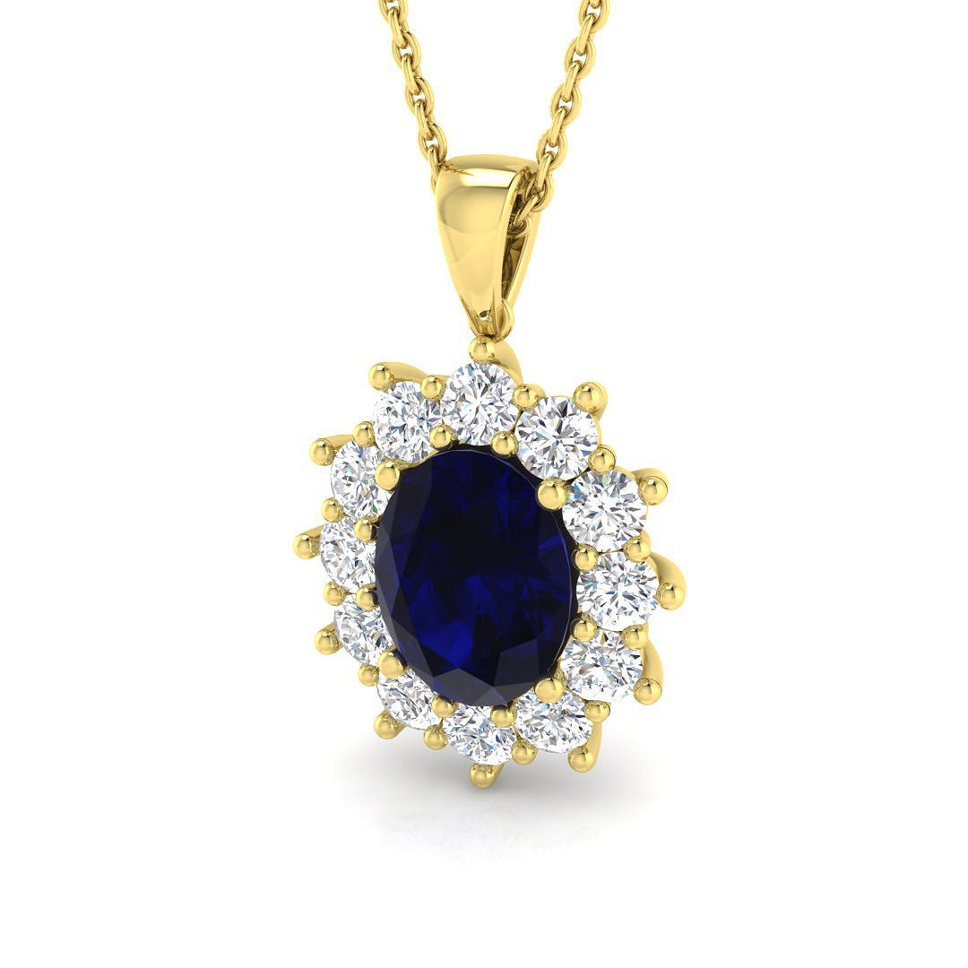 Blue Sapphire 2.40ct Oval with Diamond Cluster Pendant Necklace in 18k Yellow Gold - All Diamond