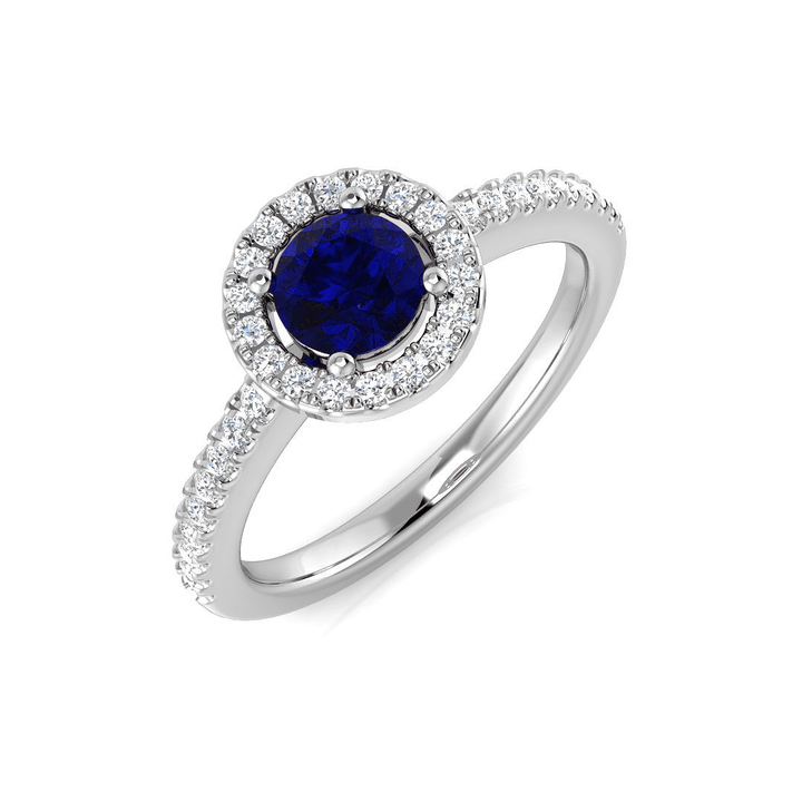 Anillo con halo de diamantes y zafiros azules de 0,80 quilates en oro blanco de 18 k