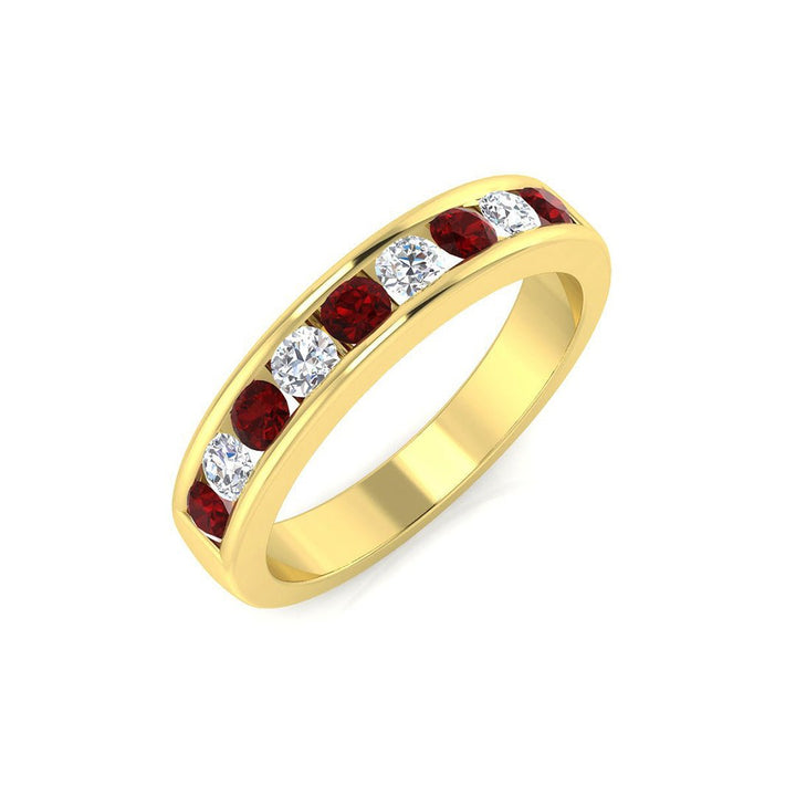 Anillo de media eternidad con diamantes y rubíes de canal, oro amarillo de 18 k de 0,55 quilates