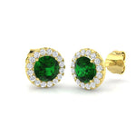 Diamond Halo Emerald Earrings 1.30ct Set in 9k Yellow Gold - All Diamond