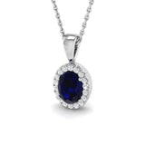 Halo Blue Sapphire 0.75ct with Diamond Necklace in 9k White Gold - All Diamond
