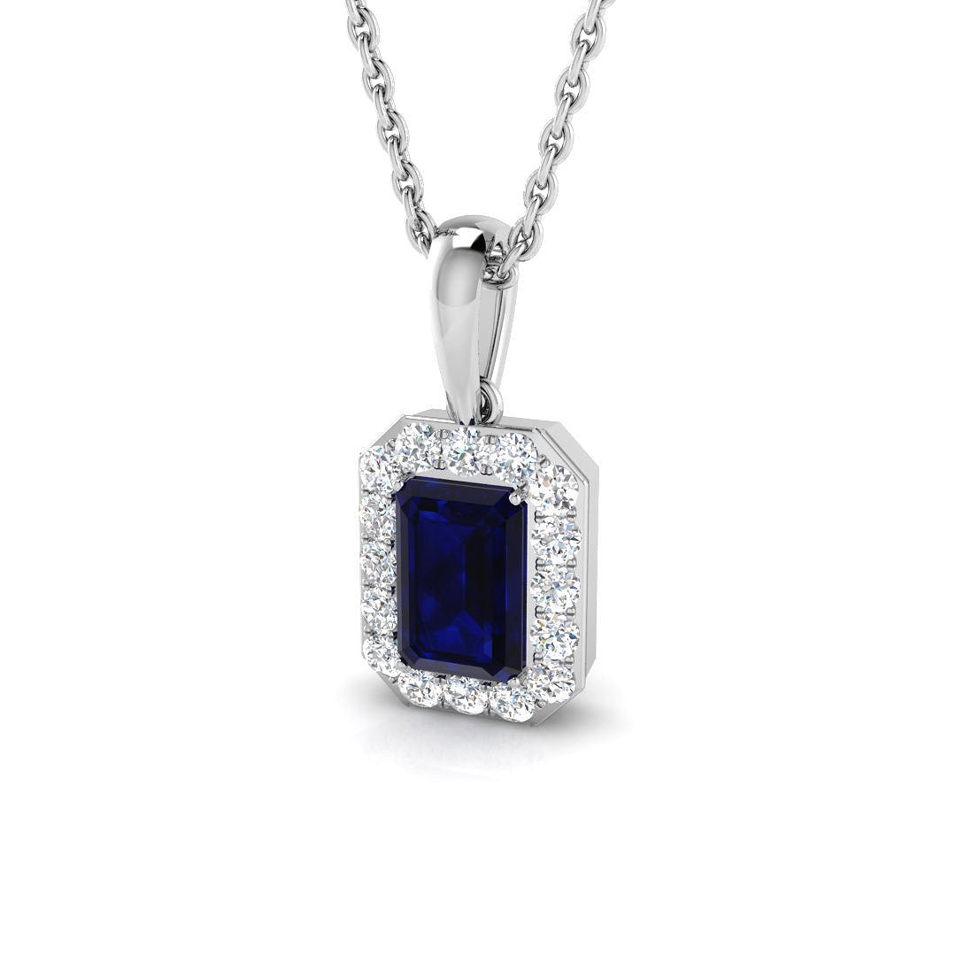 Halo Blue Sapphire Emerald - Cut 0.85ct and Diamond Necklace in 9k White Gold - All Diamond