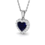 Halo Blue Sapphire Heart Cut 0.55ct and Diamond Necklace in 9k White Gold - All Diamond