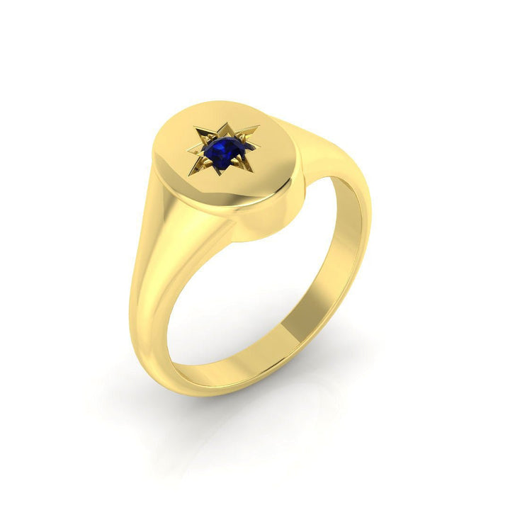 Mens Single Blue Sapphire Signet Ring 0.07ct in 9k Yellow Gold