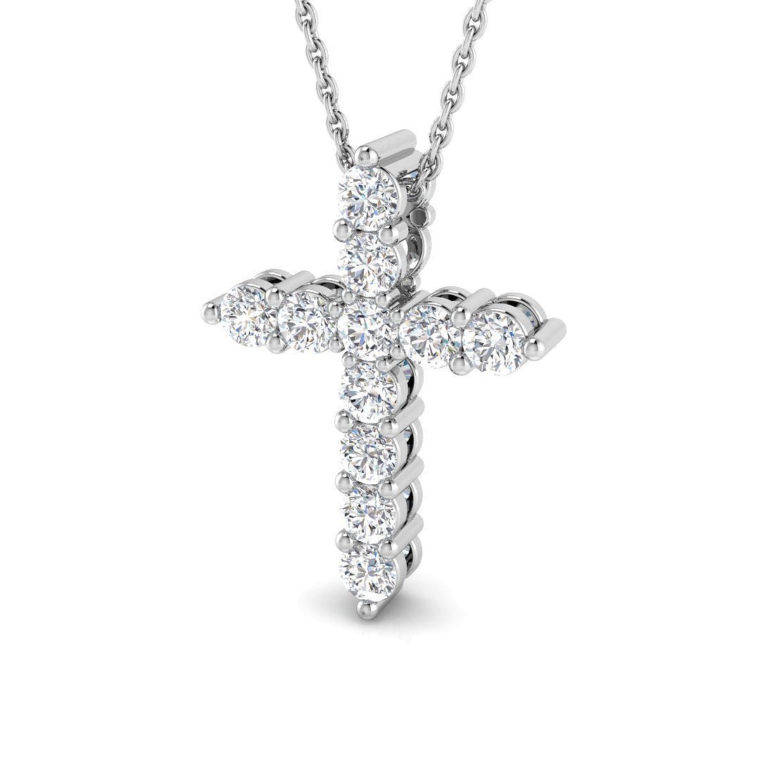 Modern Diamond Cross Pendant Necklace 0.75ct in 9k White Gold - All Diamond