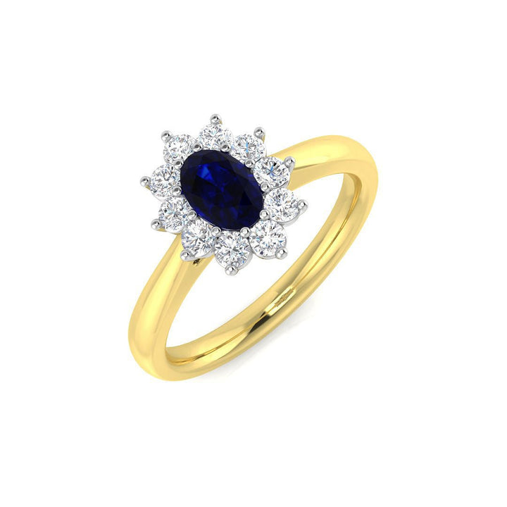 Anillo de racimo de diamantes de 0,30 ct con zafiro azul ovalado de 0,50 ct, oro amarillo de 18 k