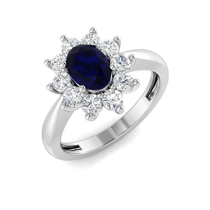 Oval 1.00ct Blue Sapphire 0.60ct Diamond Cluster Ring 18k White Gold