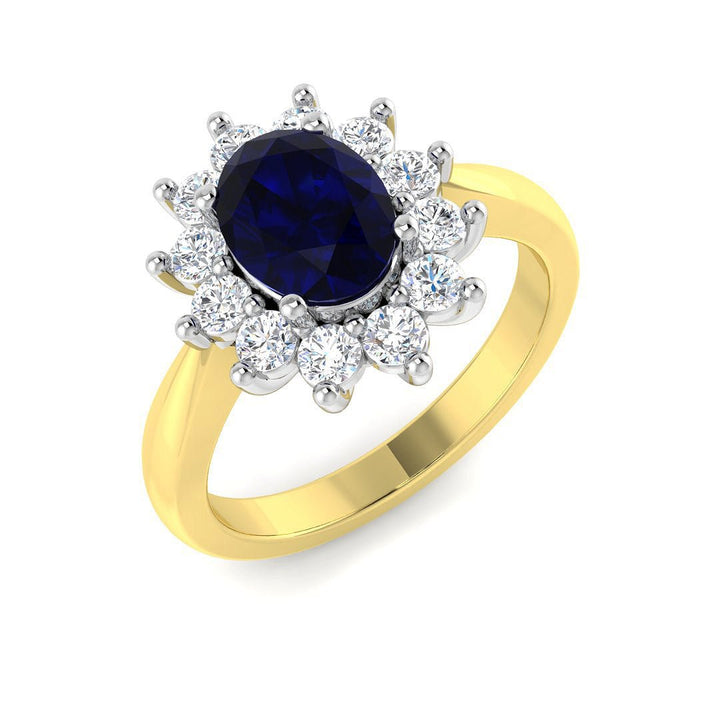 Anillo de racimo de diamantes de 0,50 ct con zafiro azul ovalado de 1,50 ct, oro amarillo de 18 k