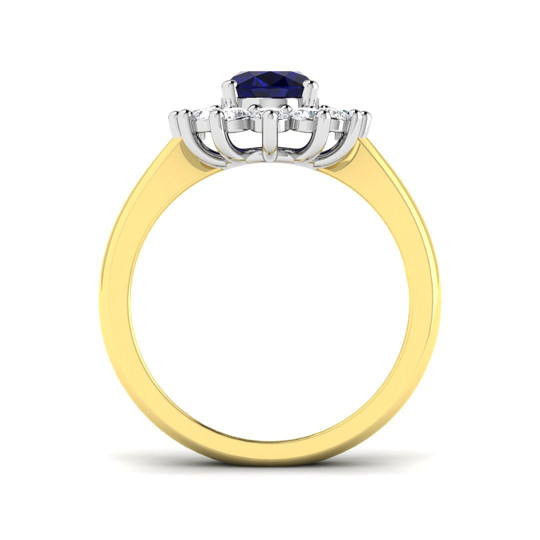 Oval 1.50ct Blue Sapphire 0.50ct Diamond Cluster Ring 18k Yellow Gold - All Diamond