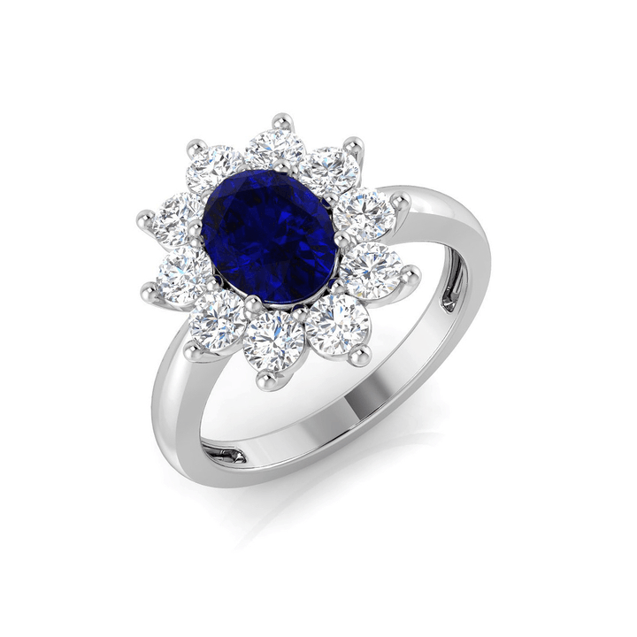 Oval 1.50ct Blue Sapphire 1.00ct Diamond Cluster Ring 18k White Gold