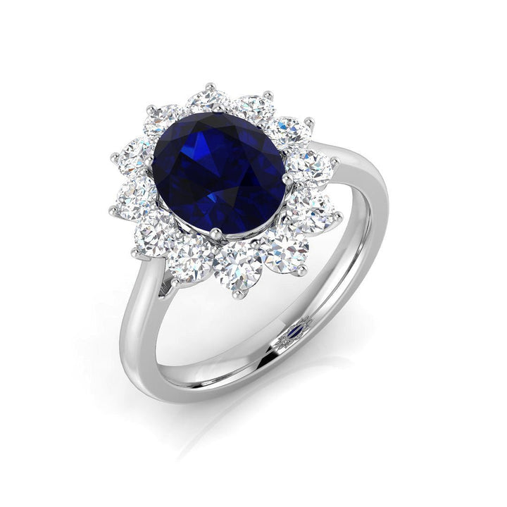 Anillo de racimo de diamantes de 0,95 ct con zafiro azul ovalado de 2,32 ct, oro blanco de 18 k