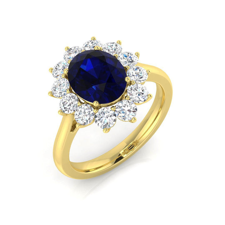 Anillo de racimo de diamantes de 0,95 ct con zafiro azul ovalado de 2,32 ct, oro amarillo de 18 k