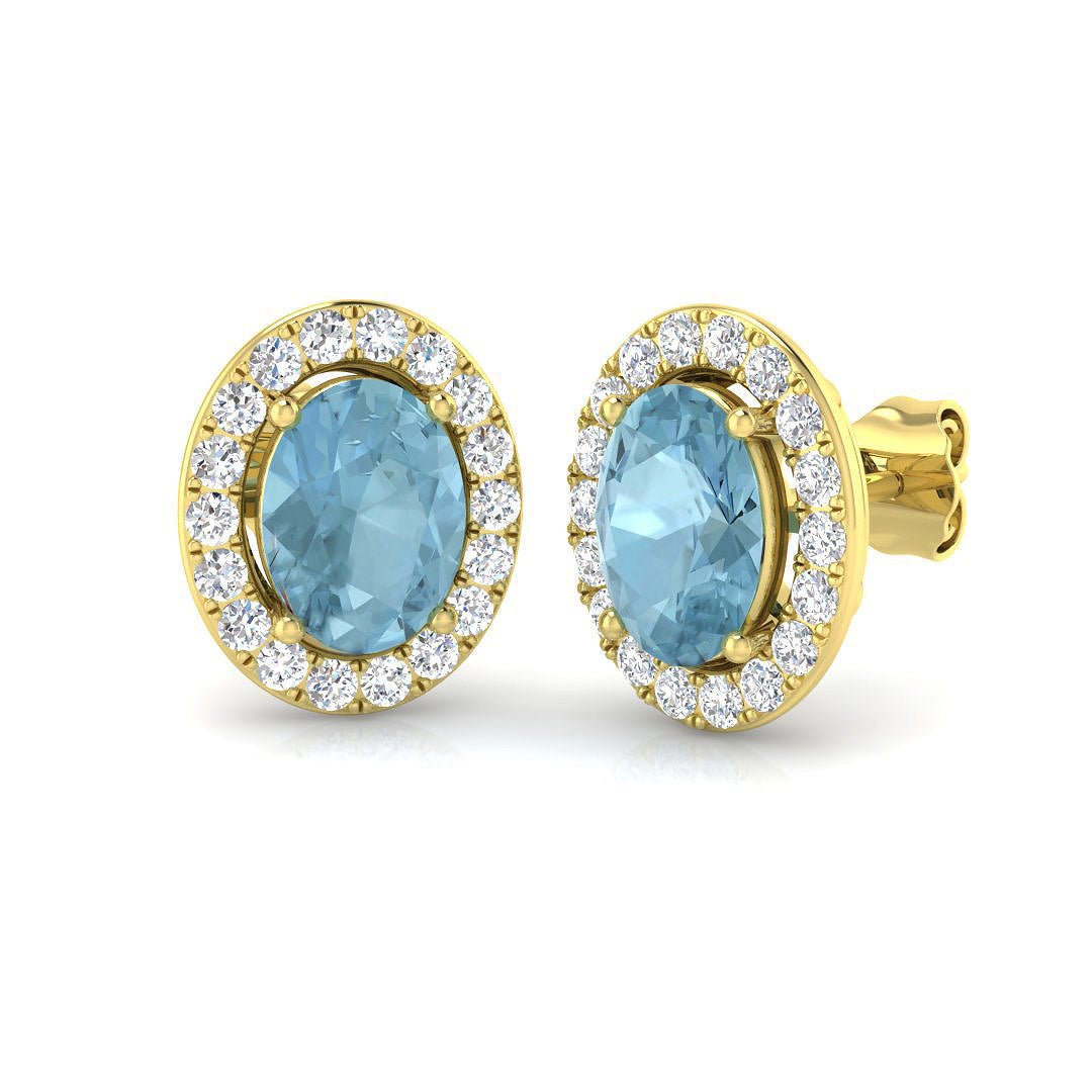 Oval 2.50ct Aquamarine & Diamond Halo Earrings in 18k Yellow Gold - All Diamond