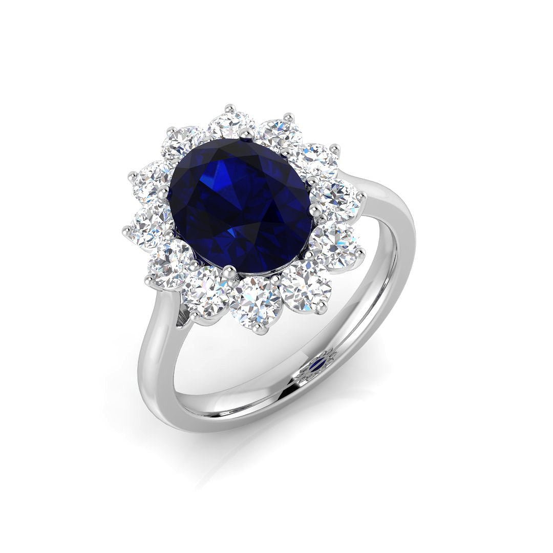 Oval 2.58ct Blue Sapphire 0.99ct Diamond Cluster Ring 18k White Gold - All Diamond