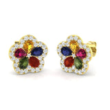 Pear Multi Sapphire and Diamond Flower Earrings 2.50ct in 9k Yellow Gold - All Diamond