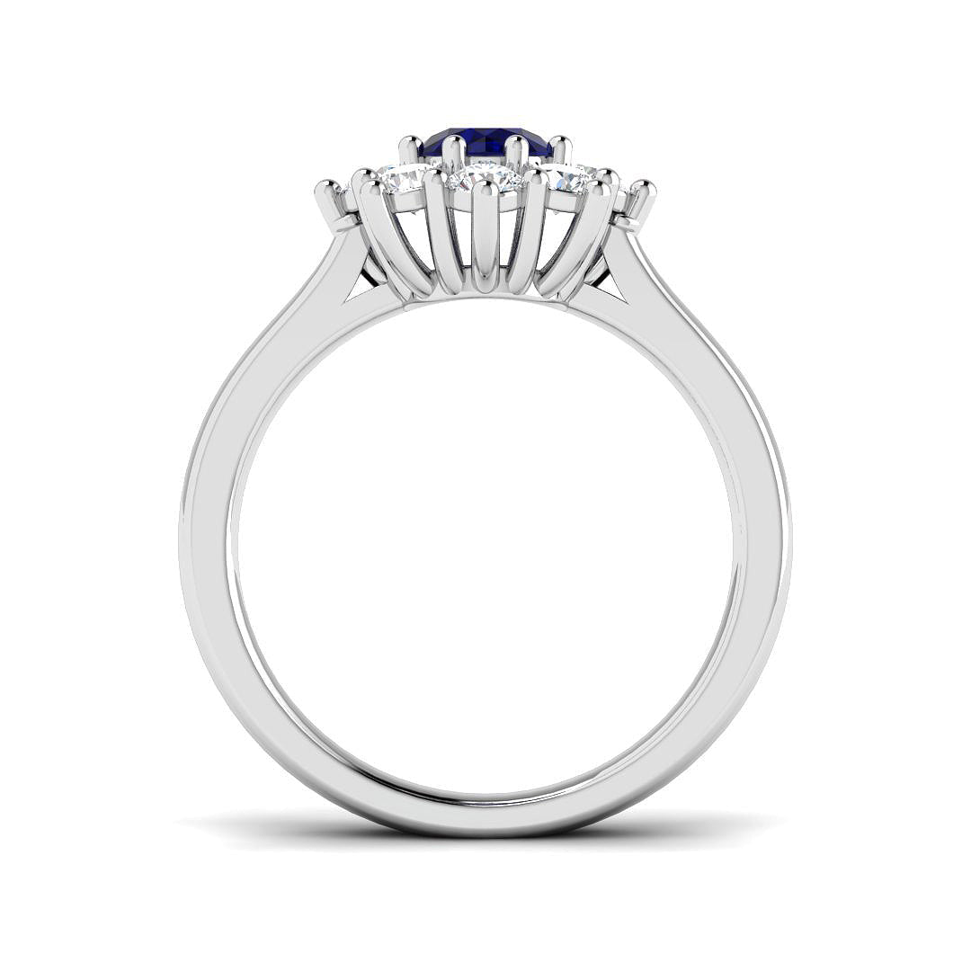 Round 0.60ct Blue Sapphire 0.60ct Diamond Cluster Ring 18k White Gold - All Diamond