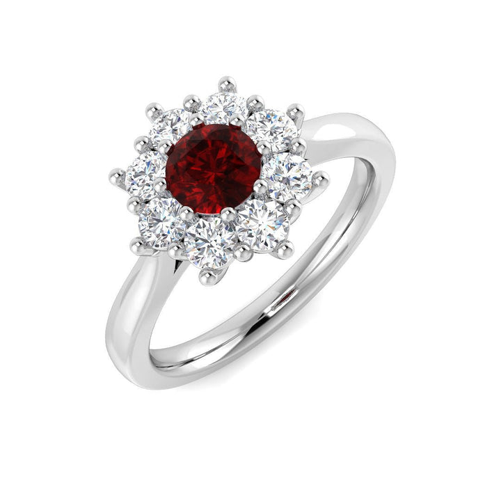 Anillo redondo de rubí de 0,70 ct con diamantes de 0,60 ct en oro blanco de 18 k