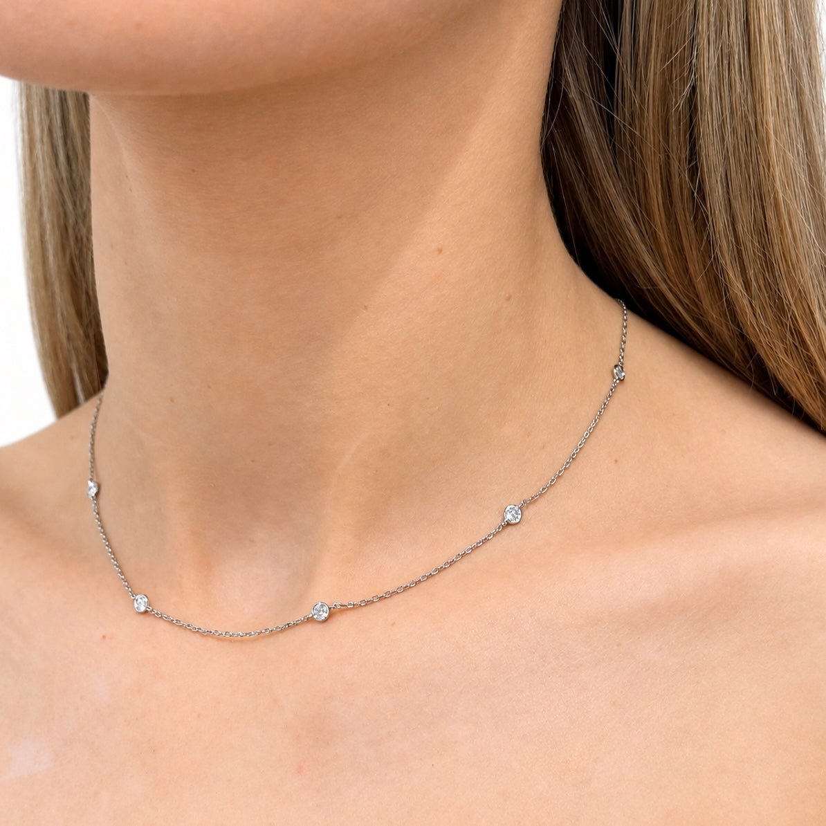 Round Diamond Chain Necklace 0.88ct G/SI 18k White Gold 16" - All Diamond