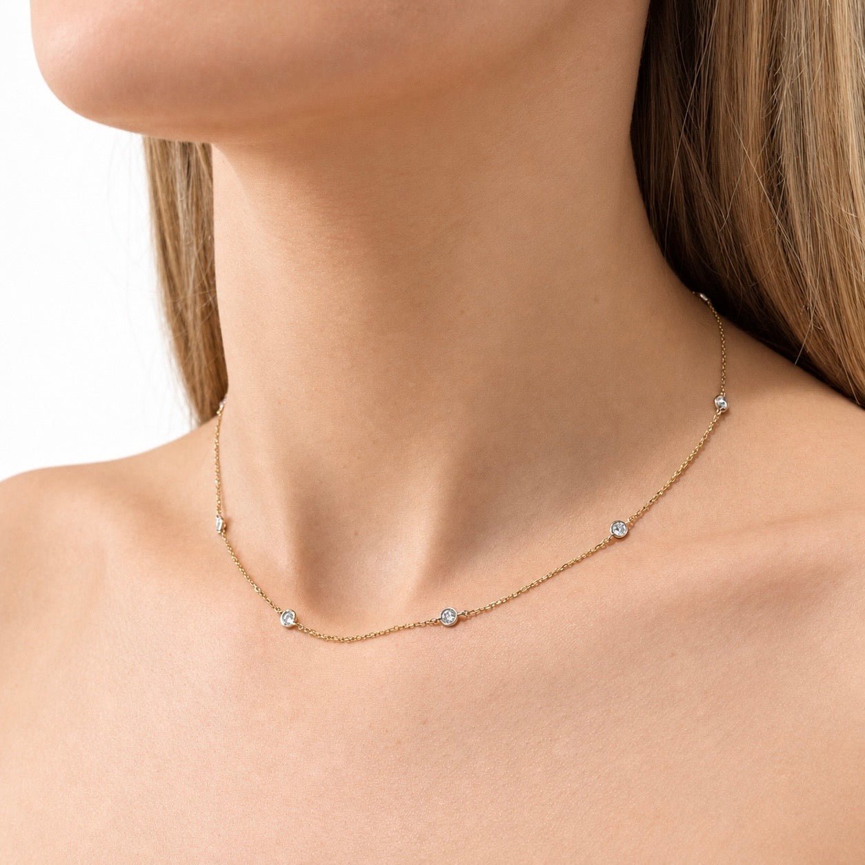 Round Diamond Chain Necklace 0.88ct G/SI 18k Yellow Gold 16" - All Diamond