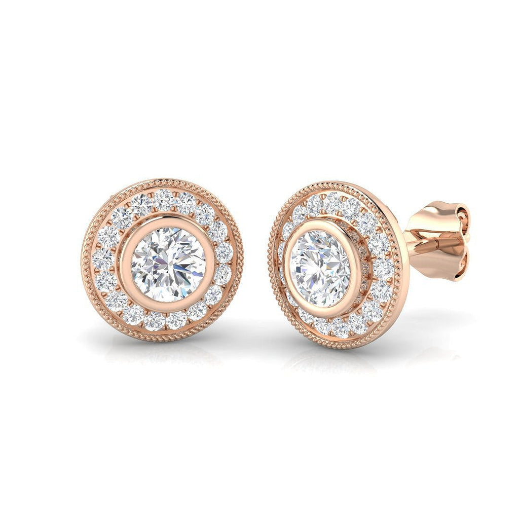 Rub Over Diamond Halo Earrings 0.90ct G/SI Quality in 18k Rose Gold - All Diamond