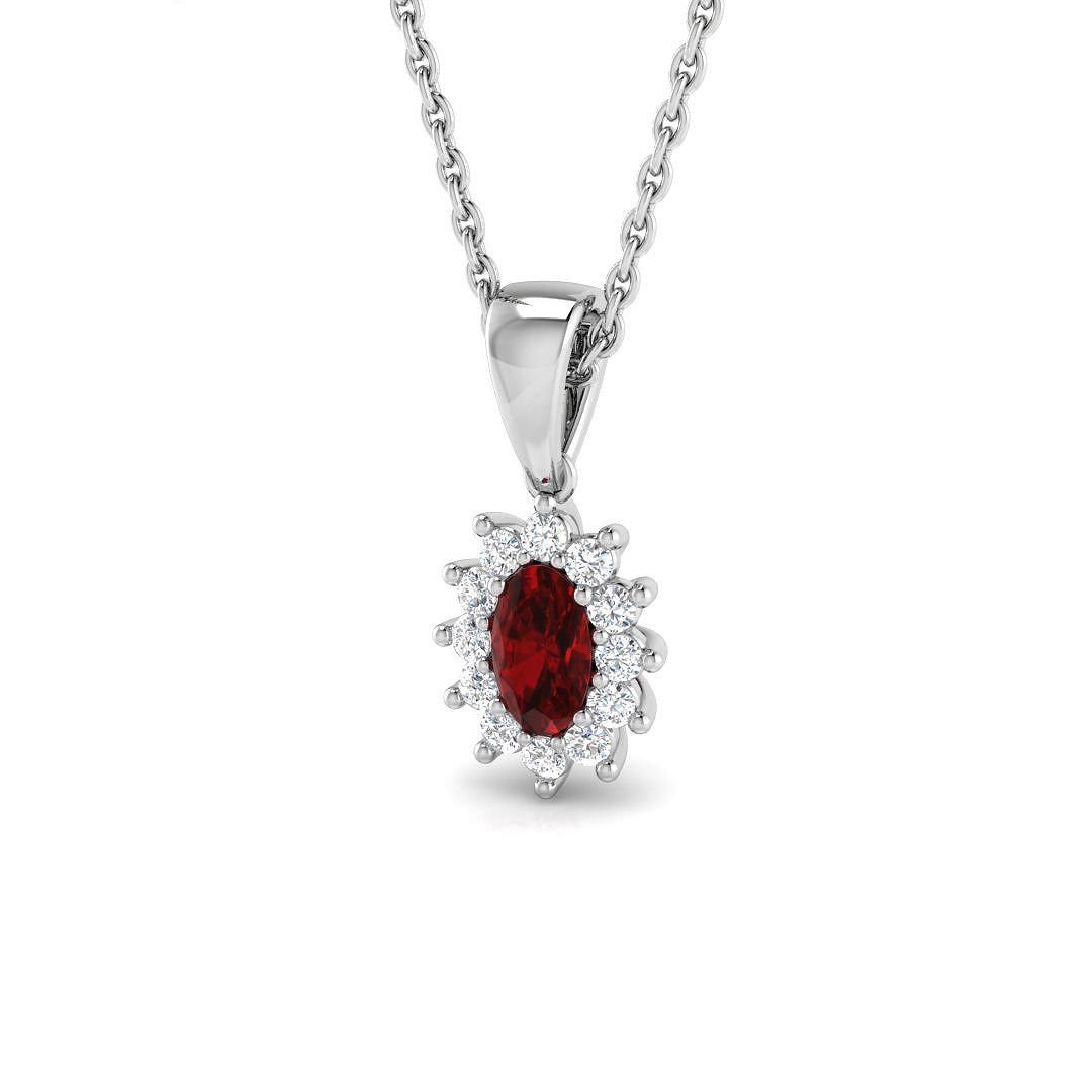 Ruby 0.30ct Oval with Diamond Cluster Pendant Necklace in 9k White Gold - All Diamond