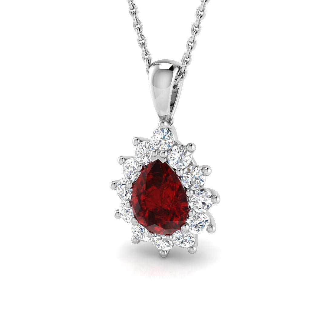Ruby 2.35ct Pear with Diamond Cluster Pendant Necklace in 9k White Gold - All Diamond