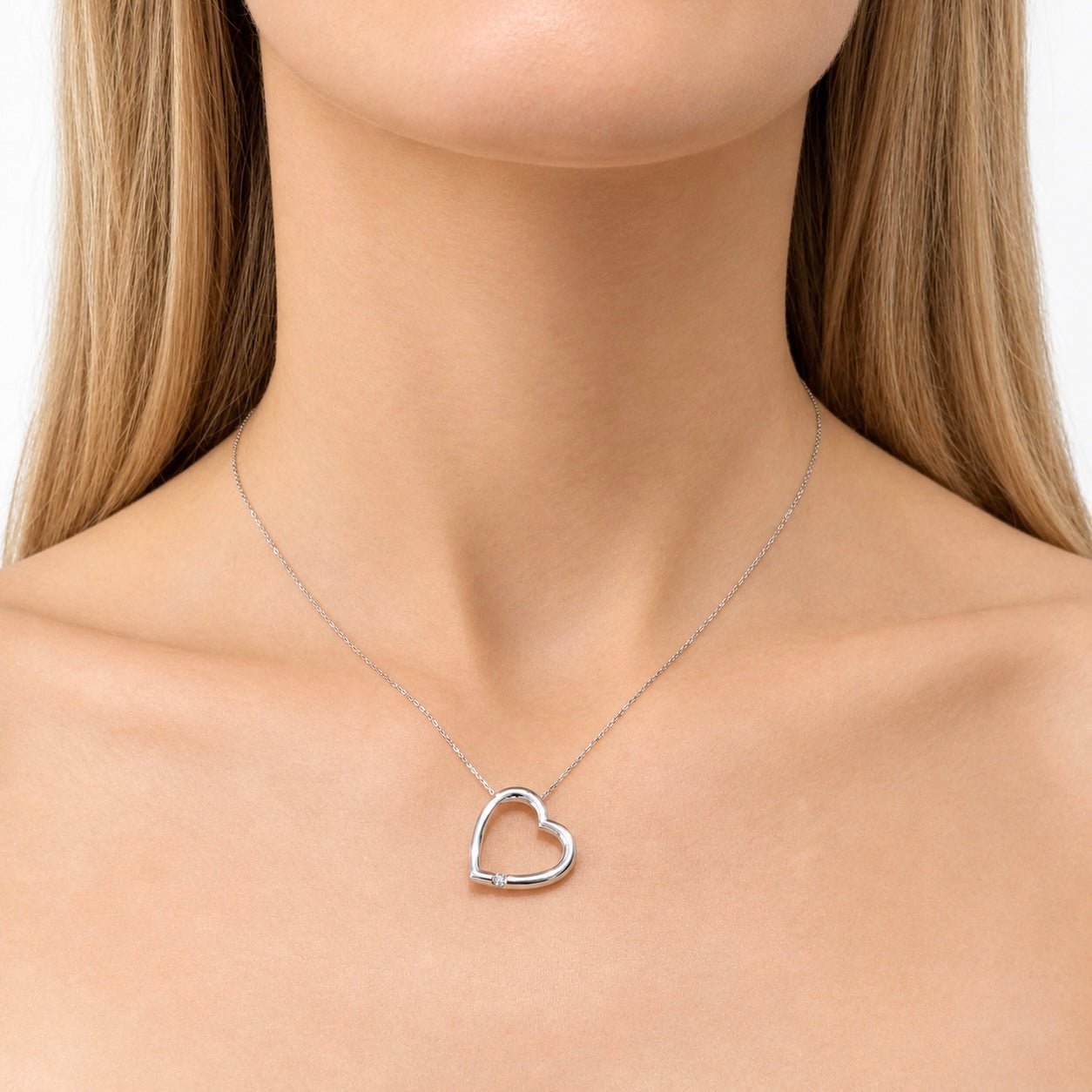 Slanted Heart Pendant 0.05ct Diamond 9K White Gold - All Diamond