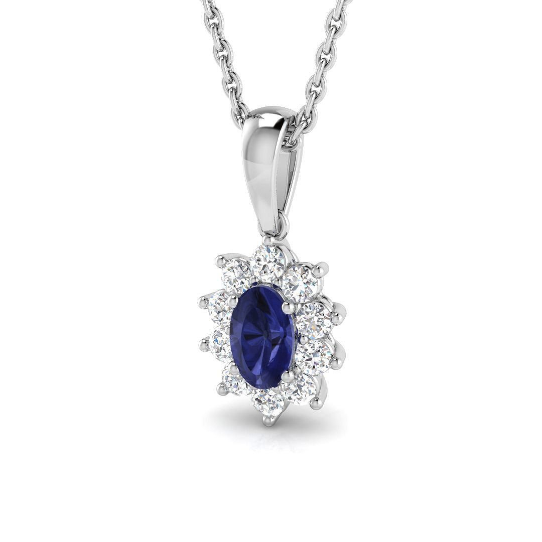 Tanzanite 0.30ct Oval with Diamond Cluster Pendant Necklace in 9k White Gold - All Diamond
