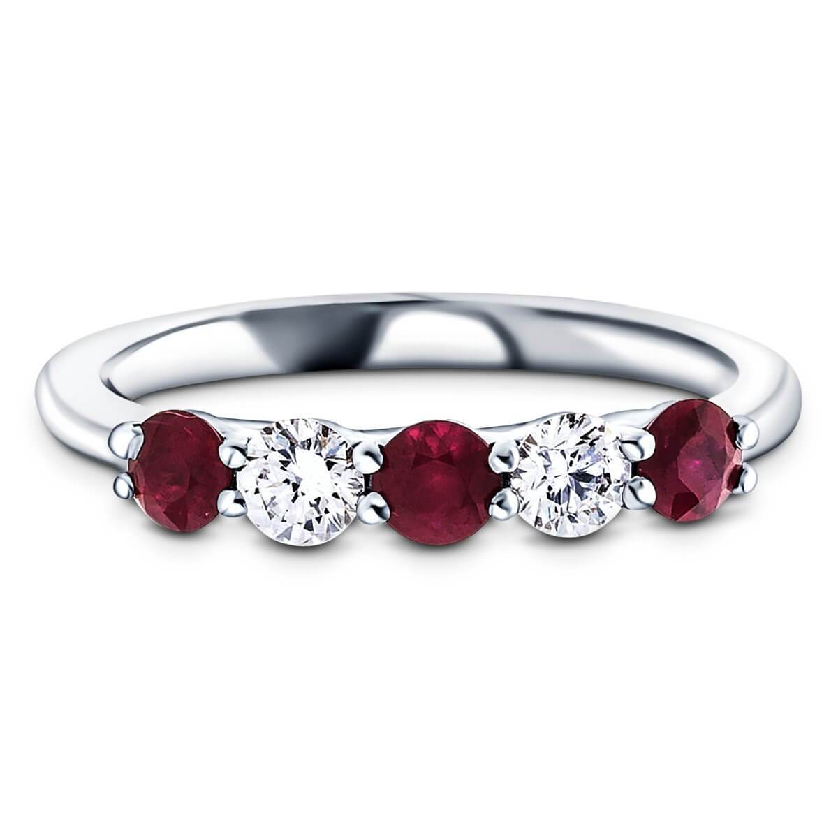 0.25ct Ruby 0.12ct Diamond Five Stone Ring 18k White Gold - All Diamond