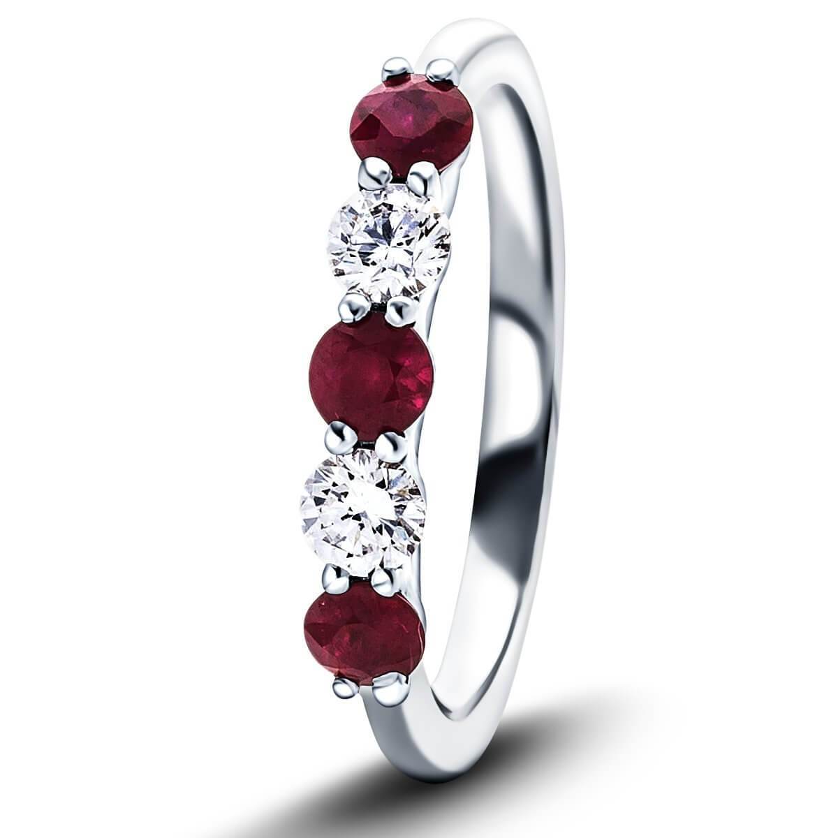 0.25ct Ruby 0.12ct Diamond Five Stone Ring 18k White Gold - All Diamond