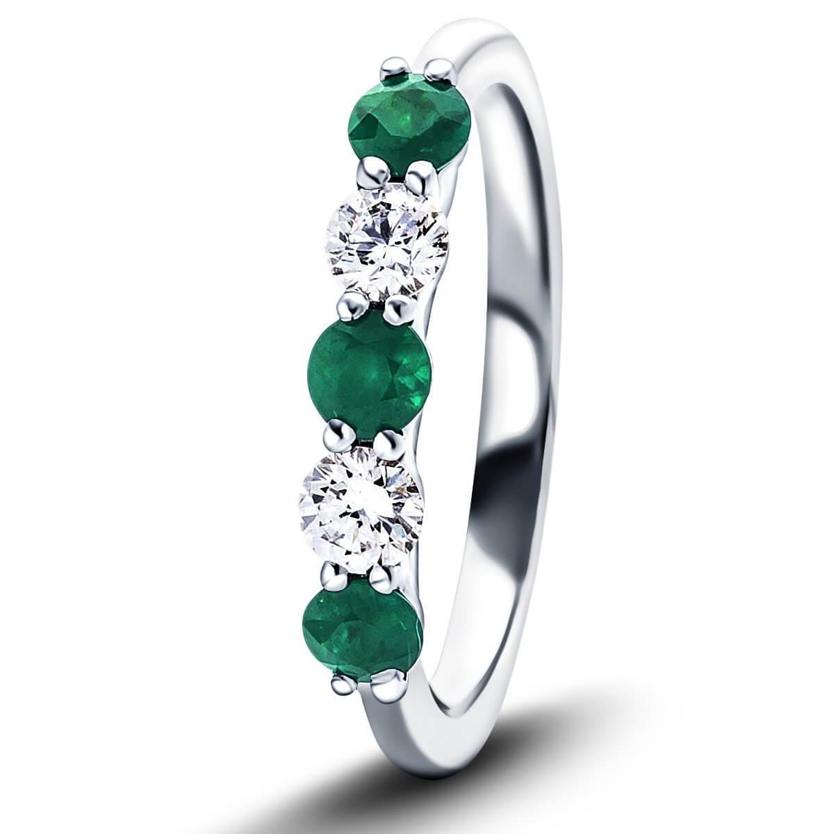 0.30ct Emerald 0.20ct Diamond Five Stone Ring 18k White Gold - All Diamond