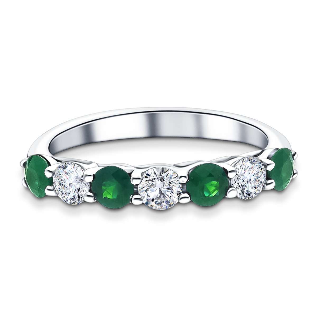 0.35ct Emerald 0.20ct Diamond Seven Stone Ring 18k White Gold - All Diamond