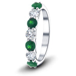 0.35ct Emerald 0.20ct Diamond Seven Stone Ring 18k White Gold - All Diamond