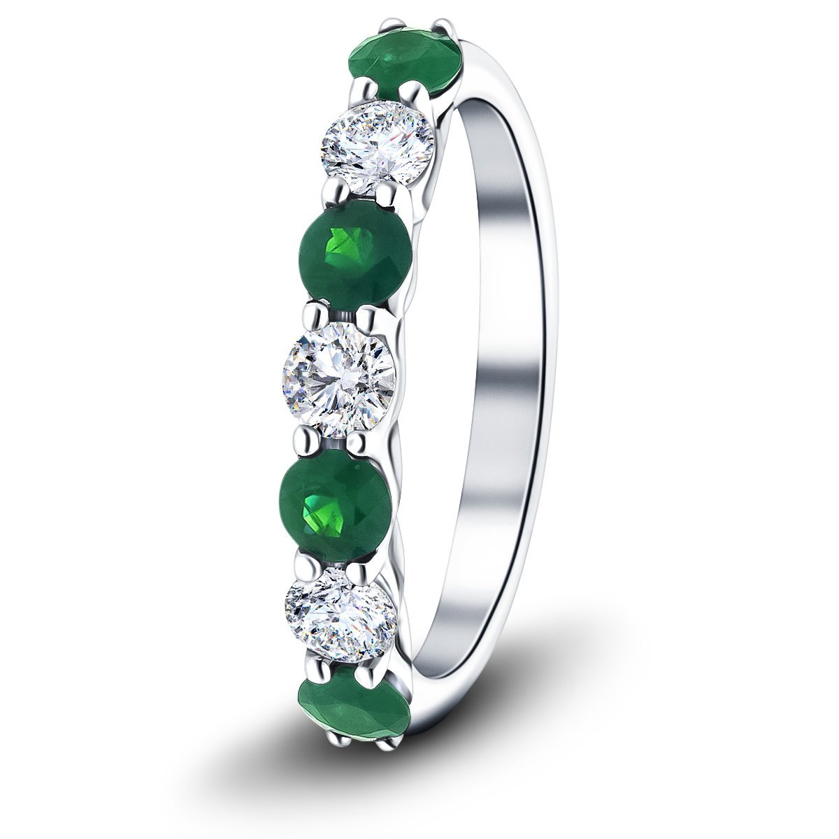 0.45ct Emerald 0.35ct Diamond Seven Stone Ring 18k White Gold - All Diamond