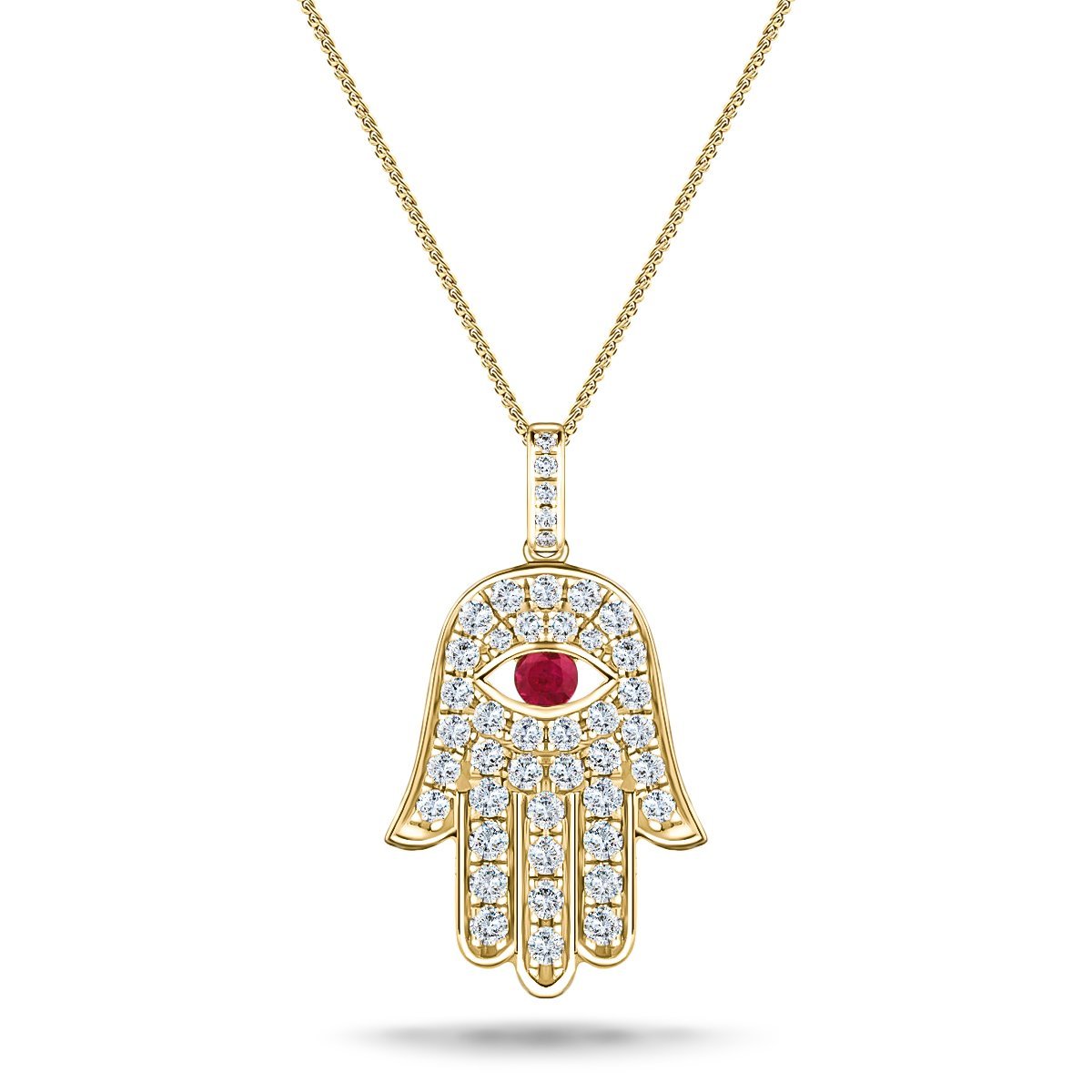 0.60ct Diamond Ruby 18K Yellow Gold 'Evil Eye' Hamsa Pendant Necklace - All Diamond