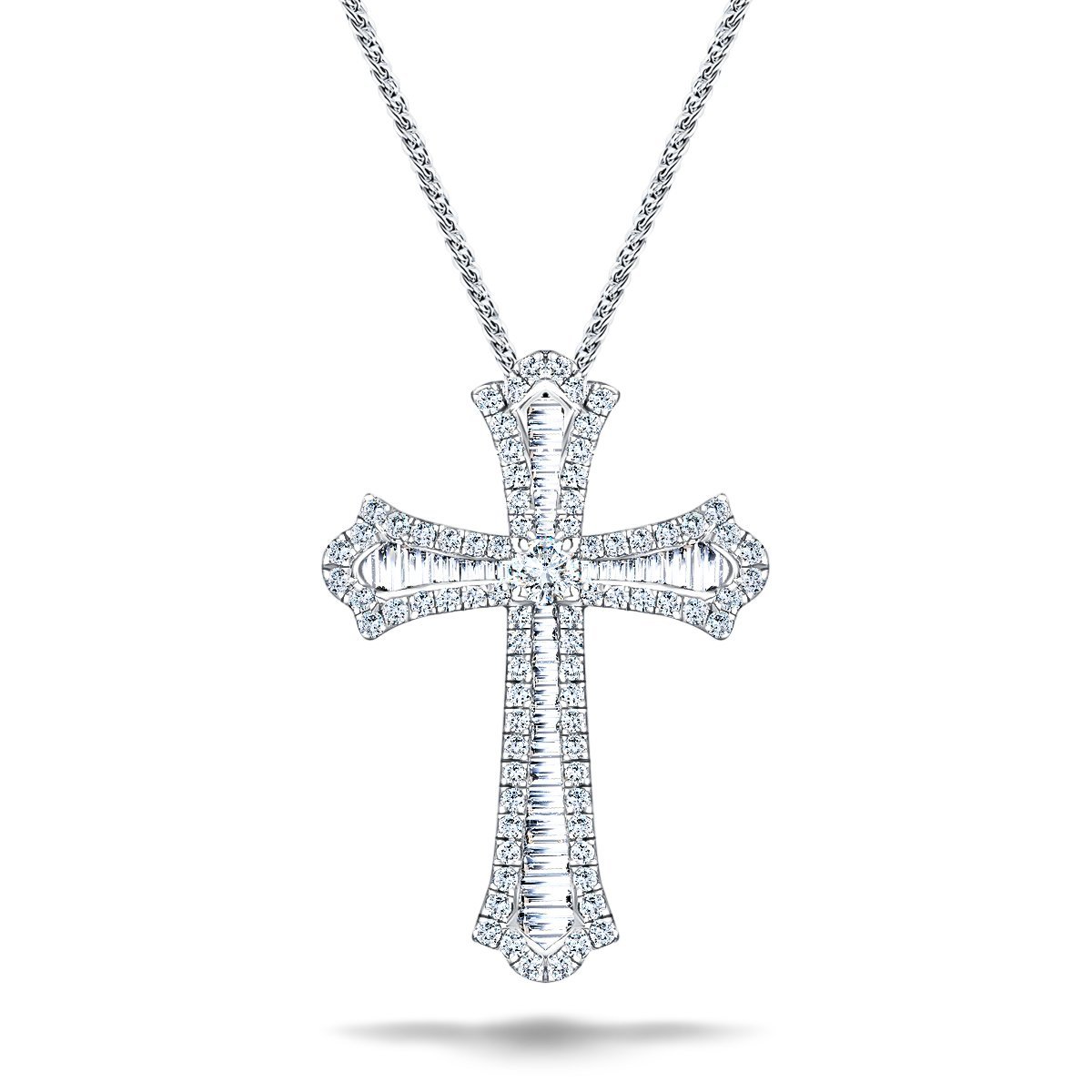 1.00ct Baguette and Round Cut Claw Set Diamond Cross in 18k White Gold - All Diamond