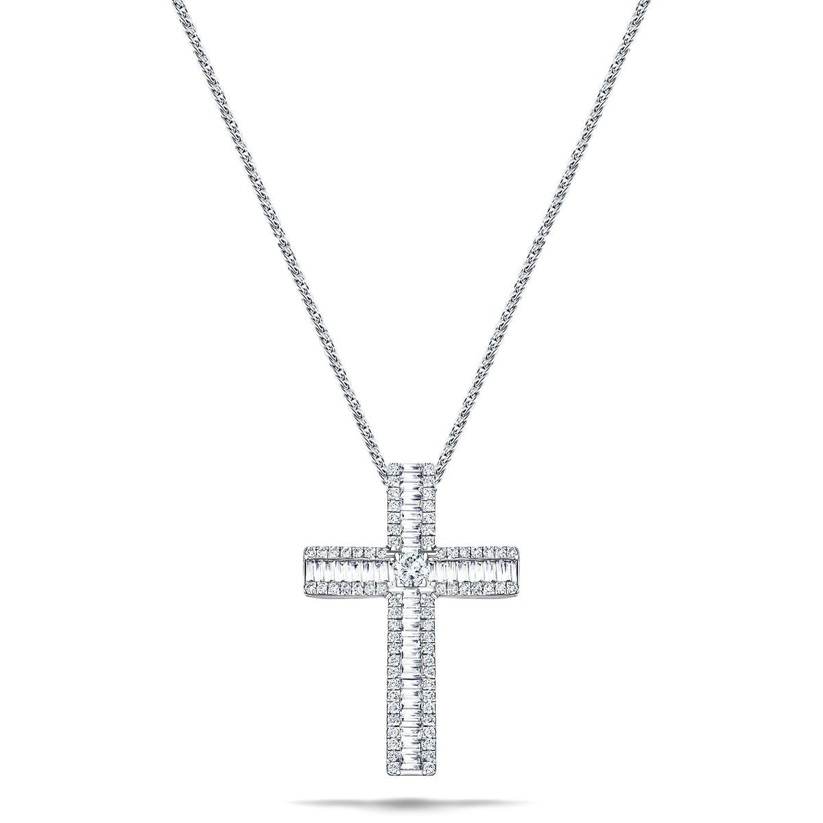 1.10ct Baguette & Round Diamond Cross in 18k White Gold - All Diamond