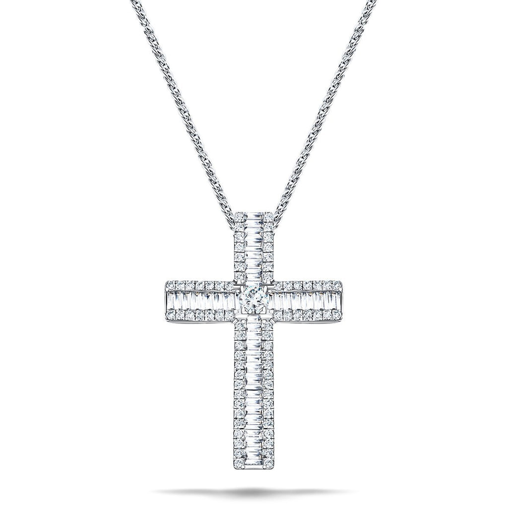 1.10ct Baguette & Round Diamond Cross in 18k White Gold - All Diamond