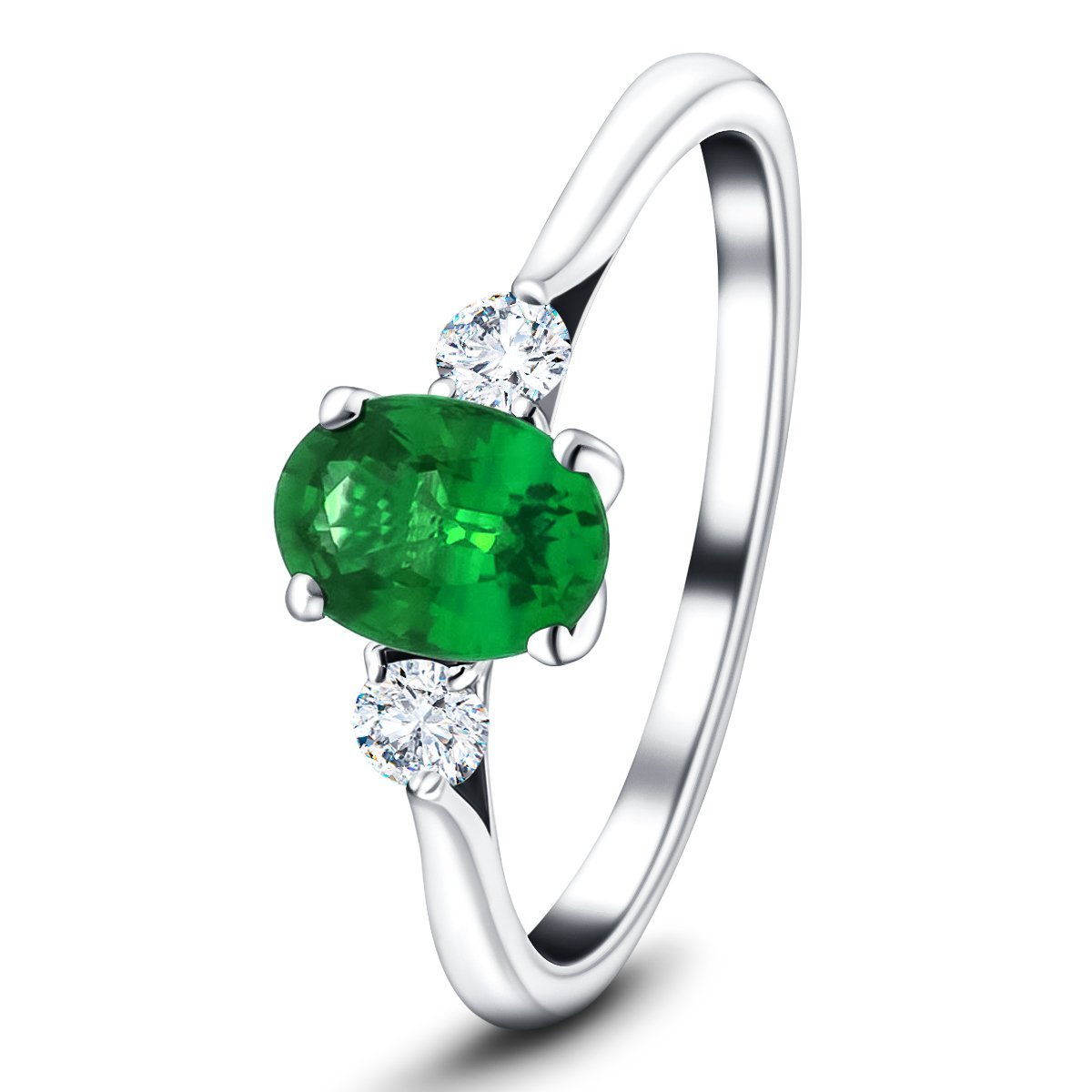 1.40ct Emerald with 0.25ct Diamond Trilogy Ring 18k White Gold - All Diamond