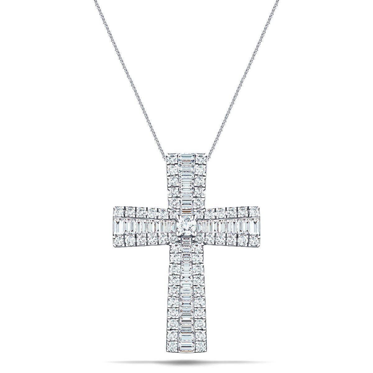 2.00ct Baguette and Round Cut Claw Set Diamond Cross in 9k White Gold - All Diamond