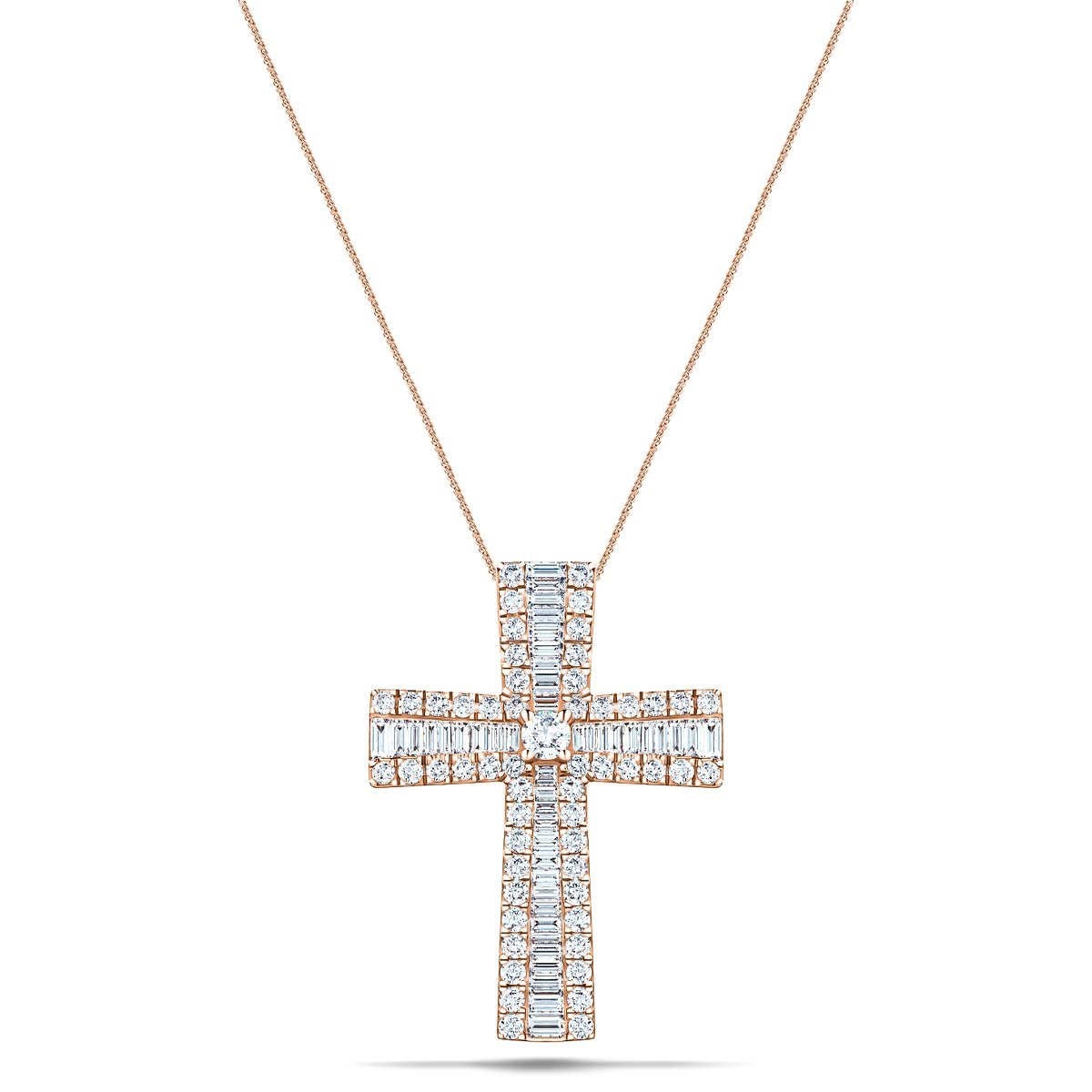 2.30ct Baguette & Round Cut Claw Set Diamond Cross in 18k Rose Gold - All Diamond