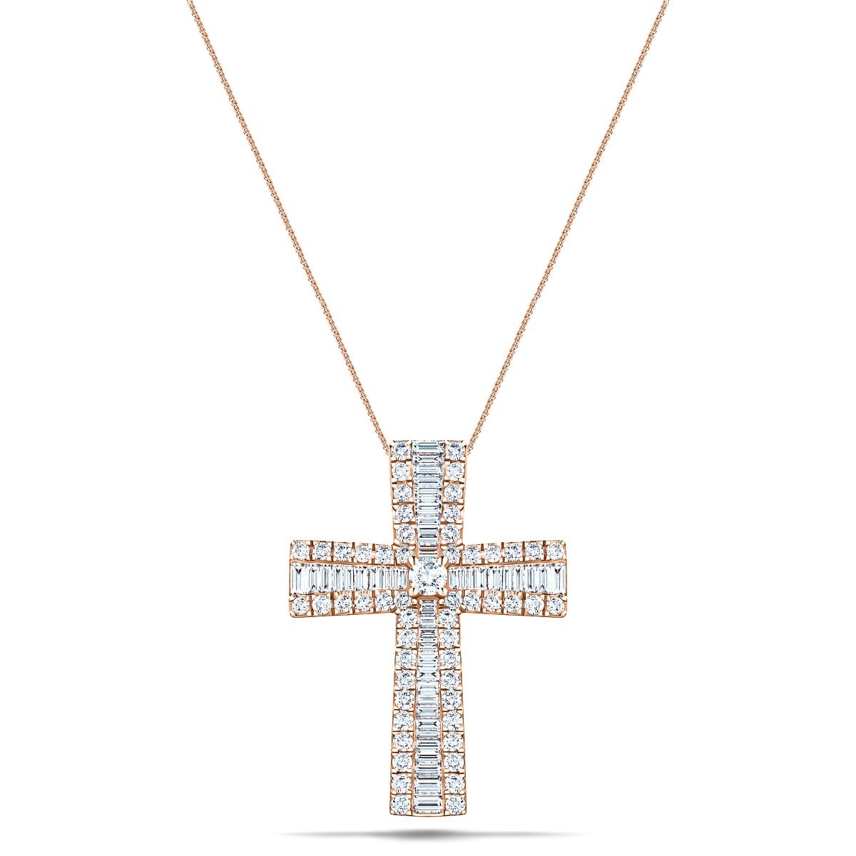 2.30ct Baguette & Round Cut Claw Set Diamond Cross in 18k Rose Gold - All Diamond