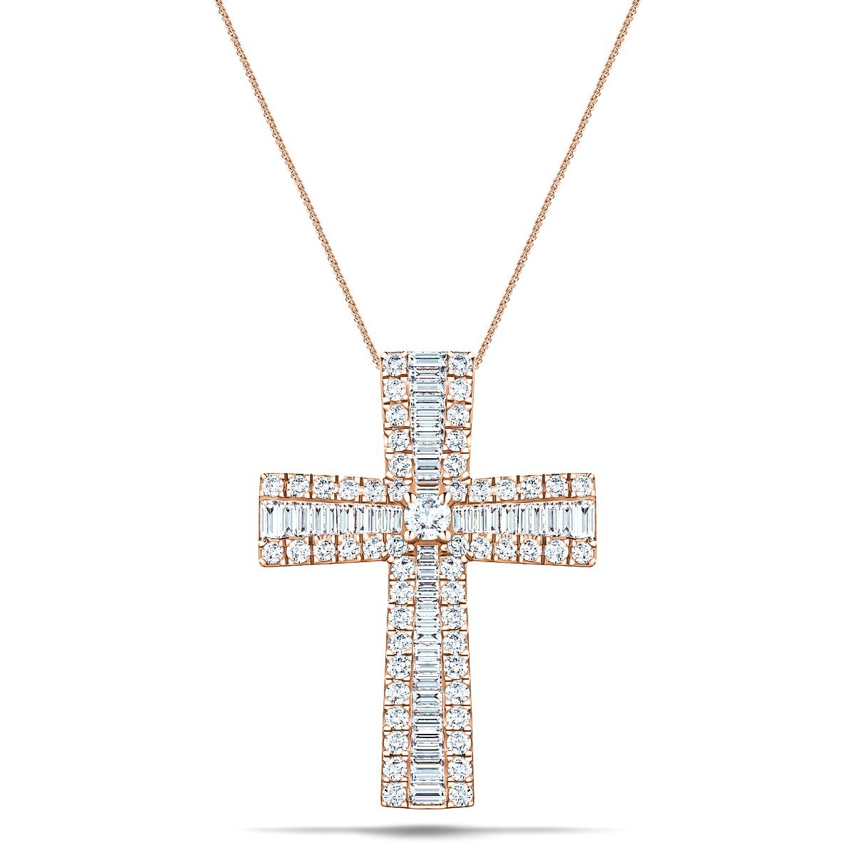 3.00ct Baguette & Round Cut Claw Set Diamond Cross in 18k Rose Gold - All Diamond