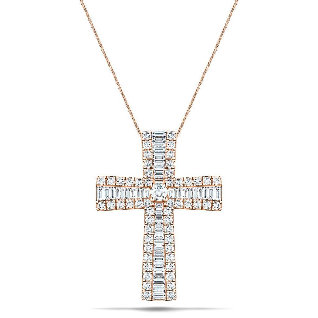 3.00ct Baguette & Round Cut Claw Set Diamond Cross in 18k Rose Gold - All Diamond