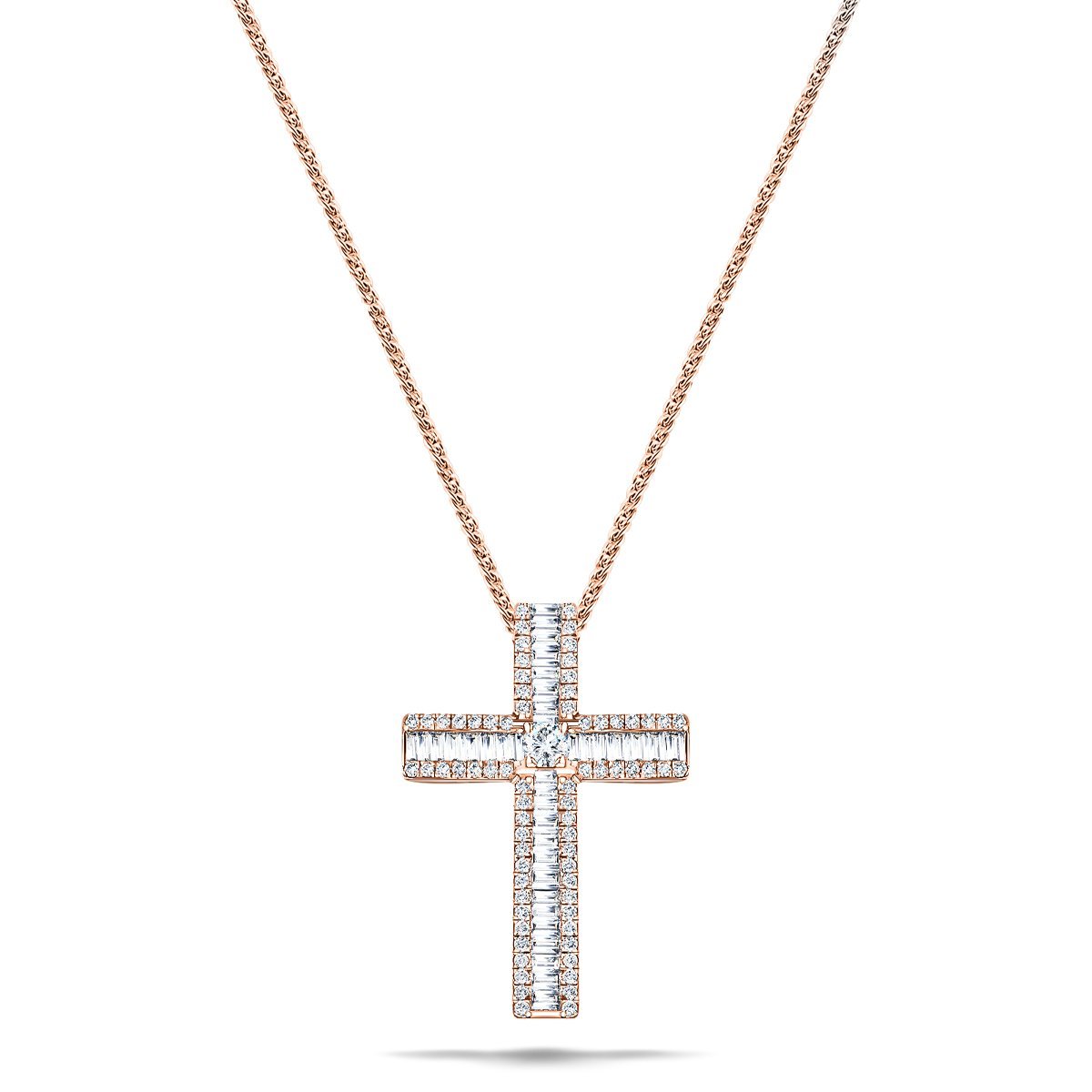 3.00ct Baguette & Round Diamond Cross in 18k Rose Gold - All Diamond