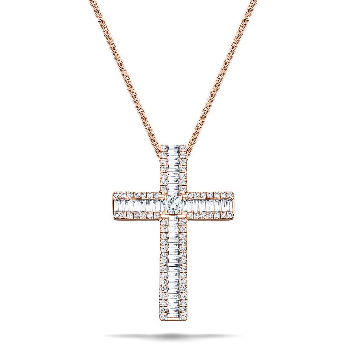 3.00ct Baguette & Round Diamond Cross in 18k Rose Gold - All Diamond